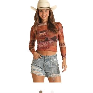 Rock & Roll Cowgirl Printed Mesh Shirt. Size L